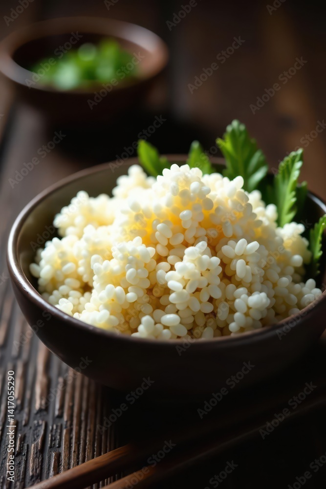 A bowl of fluffy rice sits on a dark wooden table , wooden table, minimal, rice
