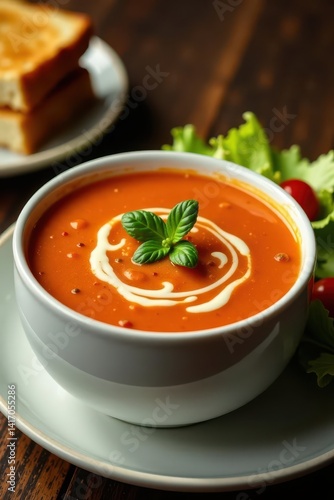Obraz na płótnie Creamy tomato soup, golden grilled cheese, crisp salad , texture, close-up, home w salonie