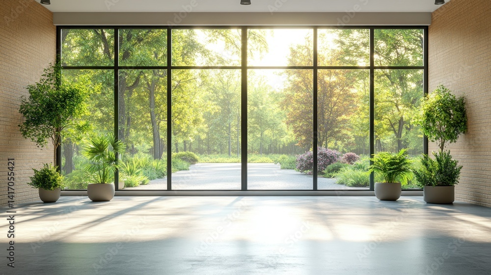 Fototapeta premium Modern interior with expansive windows showcasing a park