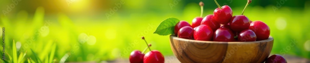Sun-drenched cherries overflowing a wooden bowl, idyllic grassy setting, bright, summer