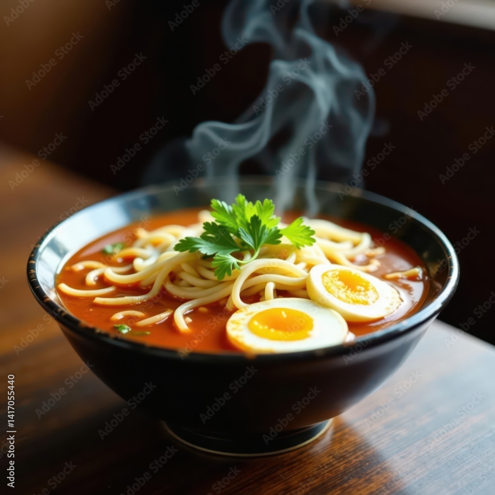 Steaming bowl of spicy noodle soup, egg, mustard , spicy food, cuisine, meal