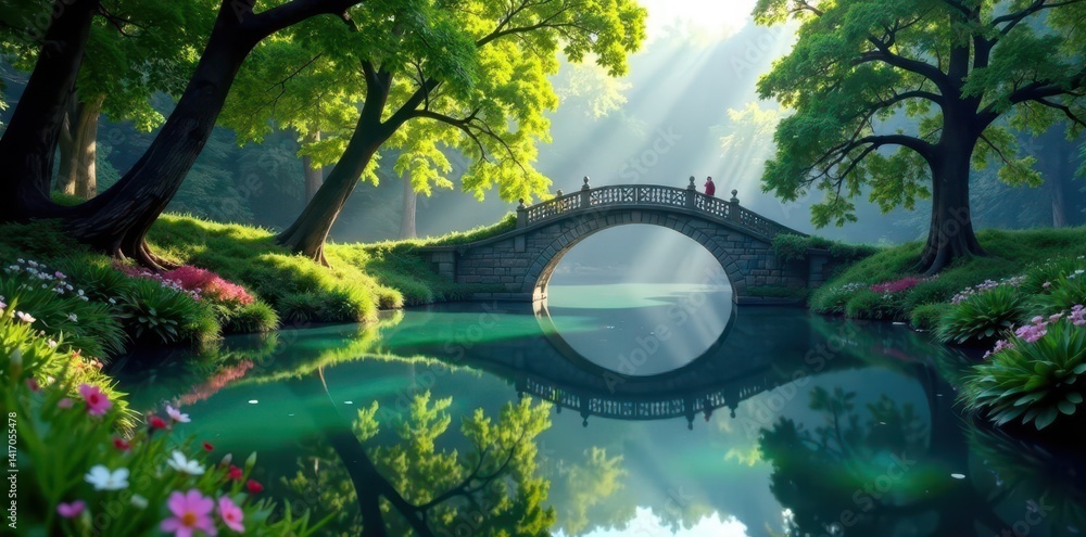 Serene pond reflection, arched bridge, lush trees , element, nature, green