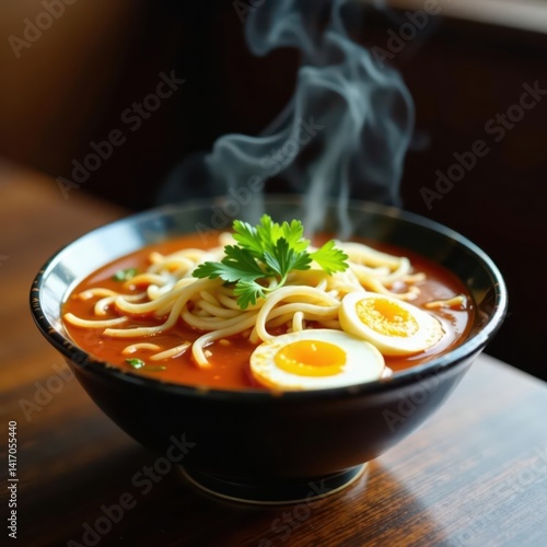 Obraz na płótnie Steaming bowl of spicy noodle soup, egg, mustard , spicy food, cuisine, meal w salonie