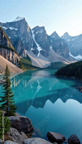 Obraz na płótnie Jagged peaks reflect in crystal lake, pines hug shores , breathtaking, untouched, serene w salonie