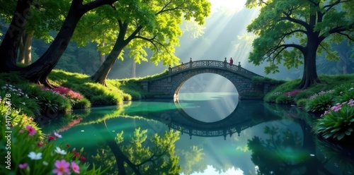 Obraz na płótnie Serene pond reflection, arched bridge, lush trees , element, nature, green w salonie