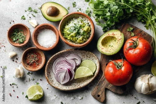 Wallpaper Mural A vibrant display of fresh ingredients for guacamole and salsa preparation, featuring avocado, tomatoes, onion, lime, cilantro, garlic, and various spices laid out artistically. Torontodigital.ca