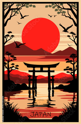 Japan travel destination poster in retro style. Vintage vector art illustration