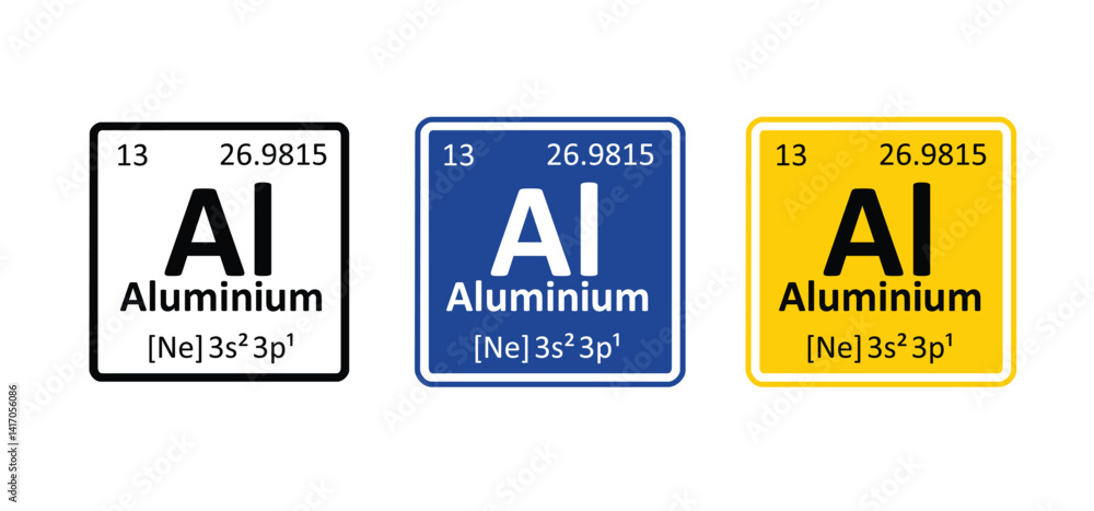 Obraz premium Aluminium, symbol Al, atomic number 13. Is a chemical element. Name Aluminum is derived from the Latin word alumen, which means alum. Periodic Table. Atomic mass and weight, Electronic configuration.