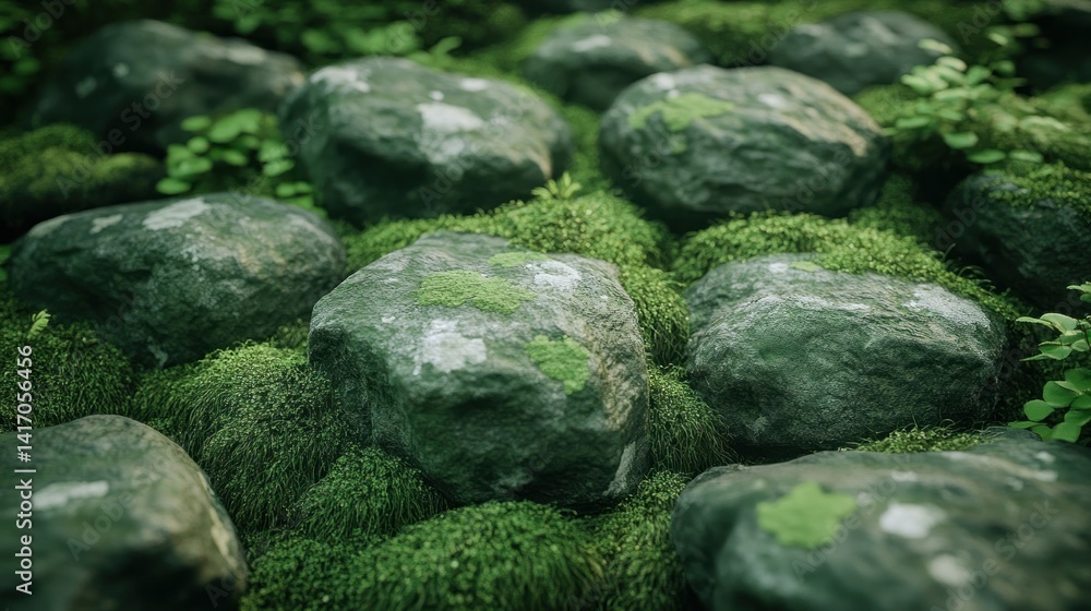 Moss-covered stones in a garden setting. Close-up view of dark, rounded stones nestled within a carpet of vibrant green moss. Gentle sunlight filters through the foliage Moss-covered stones in a garden setting. Close-up view of dark, rounded stones nestled within a carpet of vibrant green moss. Gentle sunlight filters through the foliage