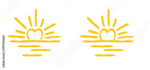 Cartoon drawing half sun or sunlight with heart. Shining rays of light. Sunrise suns. Weather tools. Power, Sun rise line pattern. Sunshine sunset. water, sea surface. Downwards or upwards wave.
