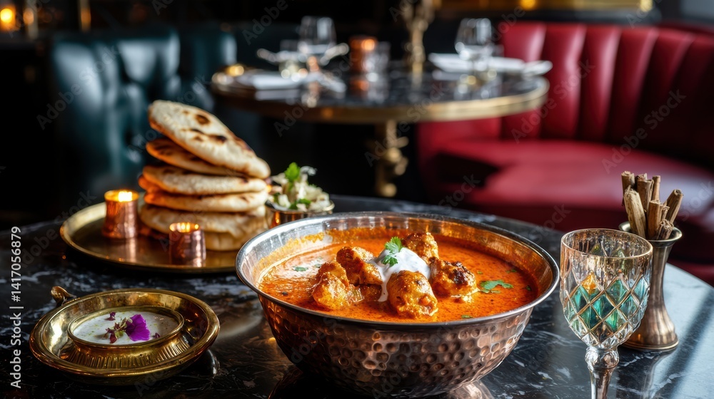 Velvety butter chicken in copper handi with buttery naan and spices Velvety butter chicken in copper handi with buttery naan and spices