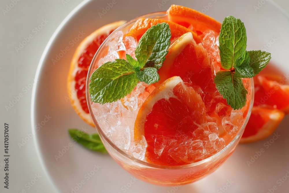 Close-up of a refreshing grapefruit cocktail with crushed ice, garnished with fresh mint leaves, creating a visually appealing and vibrant summer drink presentation. Close-up of a refreshing grapefruit cocktail with crushed ice, garnished with fresh mint leaves, creating a visually appealing and vibrant summer drink presentation.
