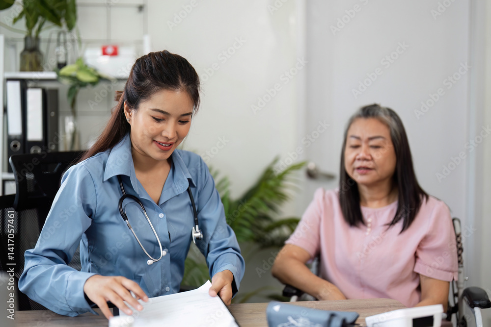 Health Check and Interaction. A nurse documenting care while interacting with a senior patient. Health Check and Interaction. A nurse documenting care while interacting with a senior patient.