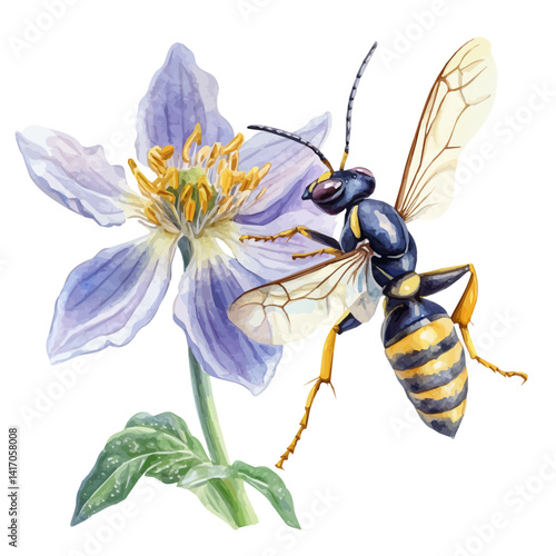 watercolor of Wasp Flying Around A Flower, vector, isolated on a white background.