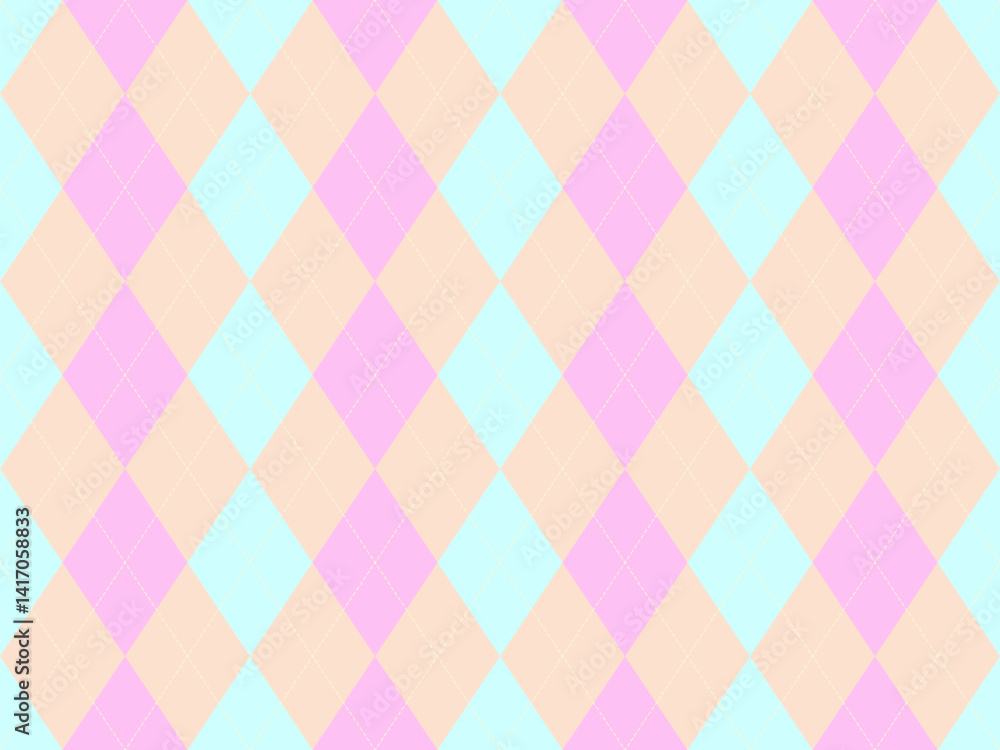 Fototapeta premium Delightful pastel argyle pattern. Soft pink, peach, and light blue diamonds create a cheerful, versatile background ideal for websites, presentations, or branding.