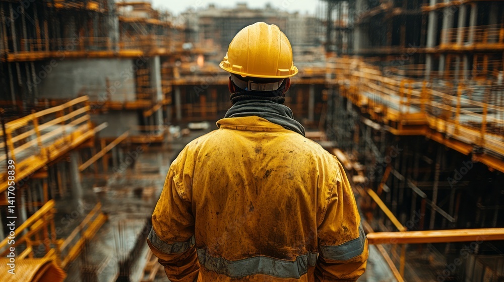 Construction worker surveys site wearing a yellow hard hat Construction worker surveys site wearing a yellow hard hat