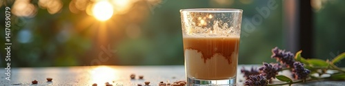Refreshing iced coffee in sunlight with lavender and beans on table