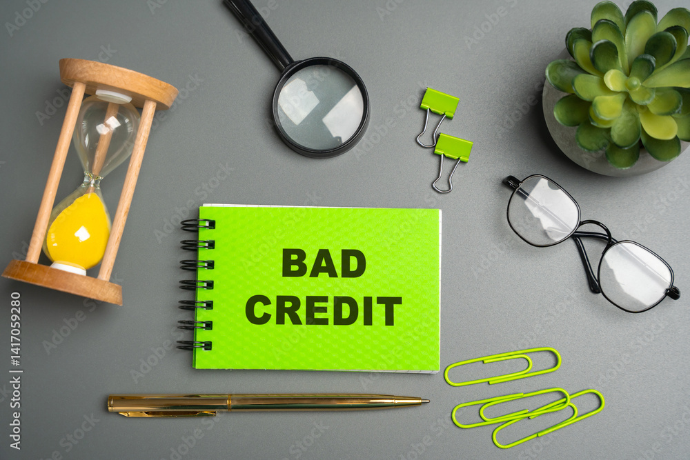 Bad credit concept. Person has a low credit score or a poor credit history, usually because they haven't paid back debts on time or have borrowed too much money. Notepad with message
