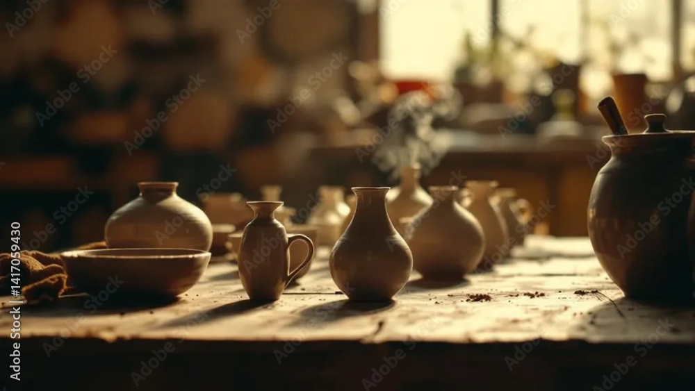 Ceramic vessels in pottery atelier.