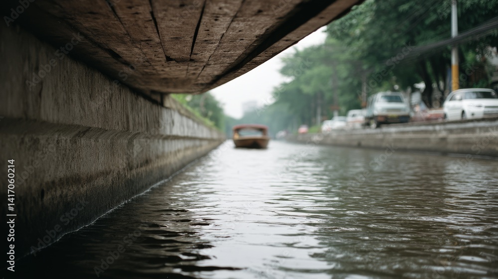 Obraz premium Low-angle view beneath a bustling city bridge with a boat passing, capturing dynamic interplay between urban structure and vibrant canal life.