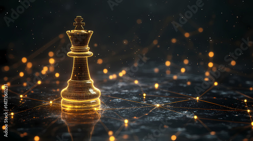 Golden Chess Queen: Gleaming golden chess queen poised on a network of interconnected nodes, symbolizing strategy, leadership, and digital connectivity.