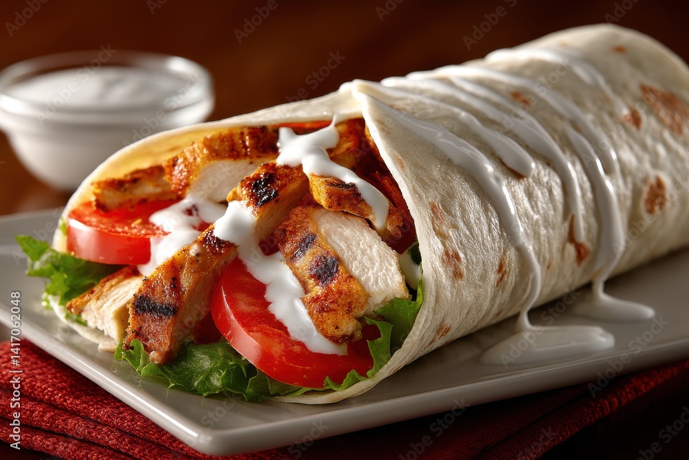 Close up of a delicious chicken wrap with fresh tomato, lettuce and creamy sauce, arranged on a plate showcasing the appetizing filling and appealing texture. Close up of a delicious chicken wrap with fresh tomato, lettuce and creamy sauce, arranged on a plate showcasing the appetizing filling and appealing texture.
