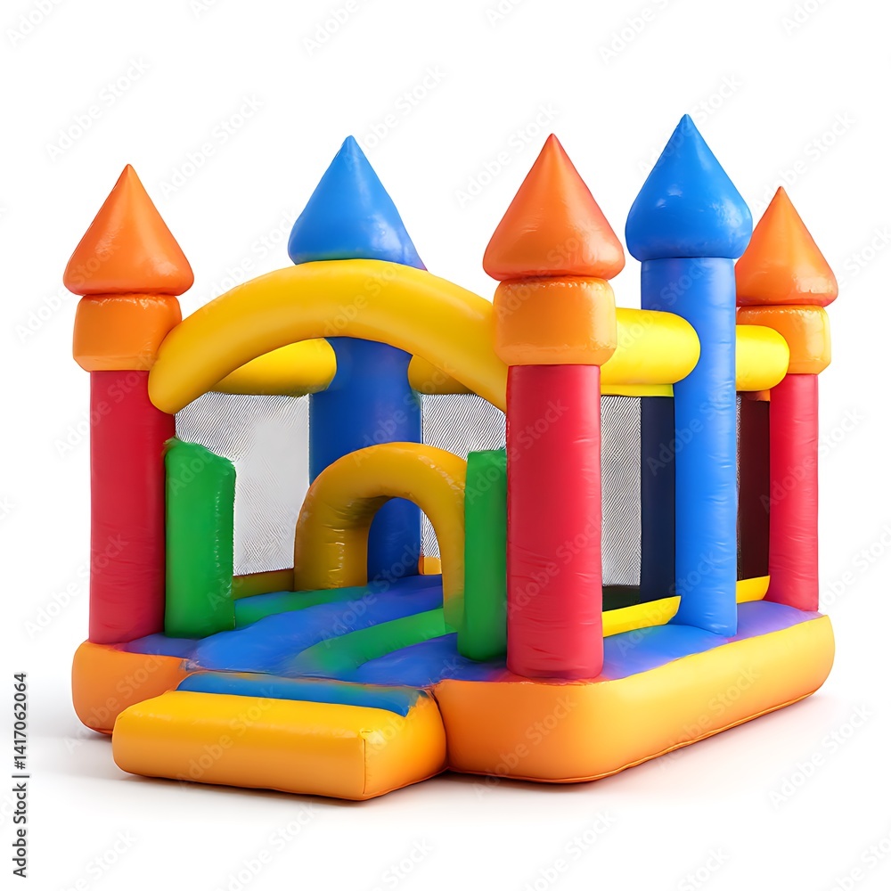 Inflatable bouncy castle with colorful design isolated on white background Inflatable bouncy castle with colorful design isolated on white background