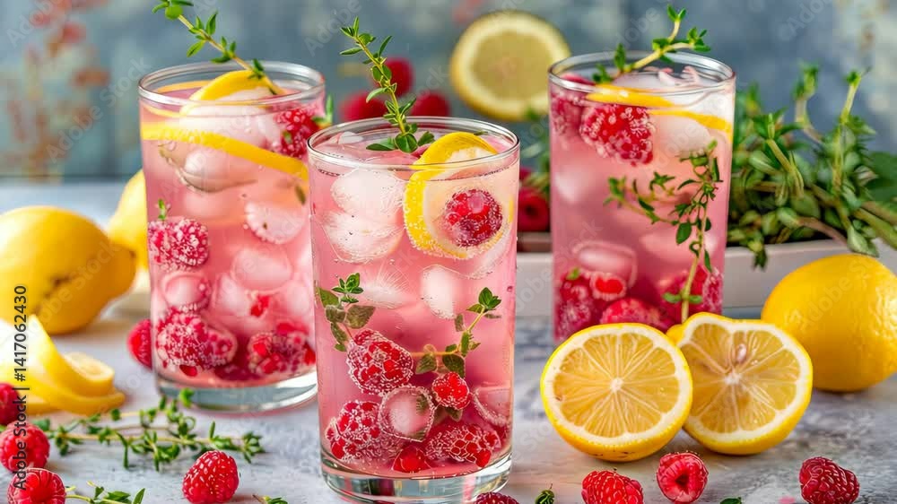 Delight in the vibrant colors of raspberry lemonade made with fresh ingredients and served in a cheerful kitchen setting Delight in the vibrant colors of raspberry lemonade made with fresh ingredients and served in a cheerful kitchen setting