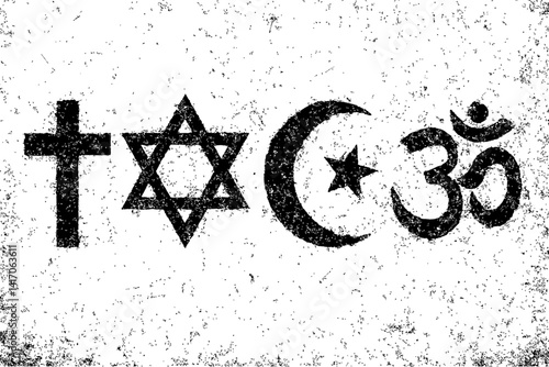 Monochrome illustration featuring distressed renderings of the cross (Christianity), the Star of David (Judaism), the crescent moon and star (Islam), and the Om symbol (Hinduism).