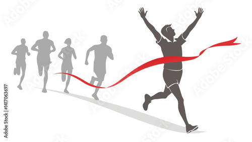 Silhouette of a runner breaking a red finish line tape, arms raised in victory, with other runners trailing behind.