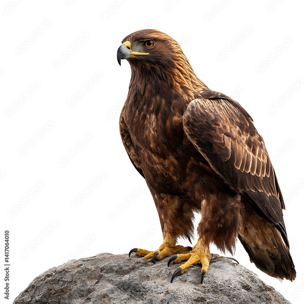 Obraz premium Majestic golden eagle perched on a rock, looking left isolated on white background