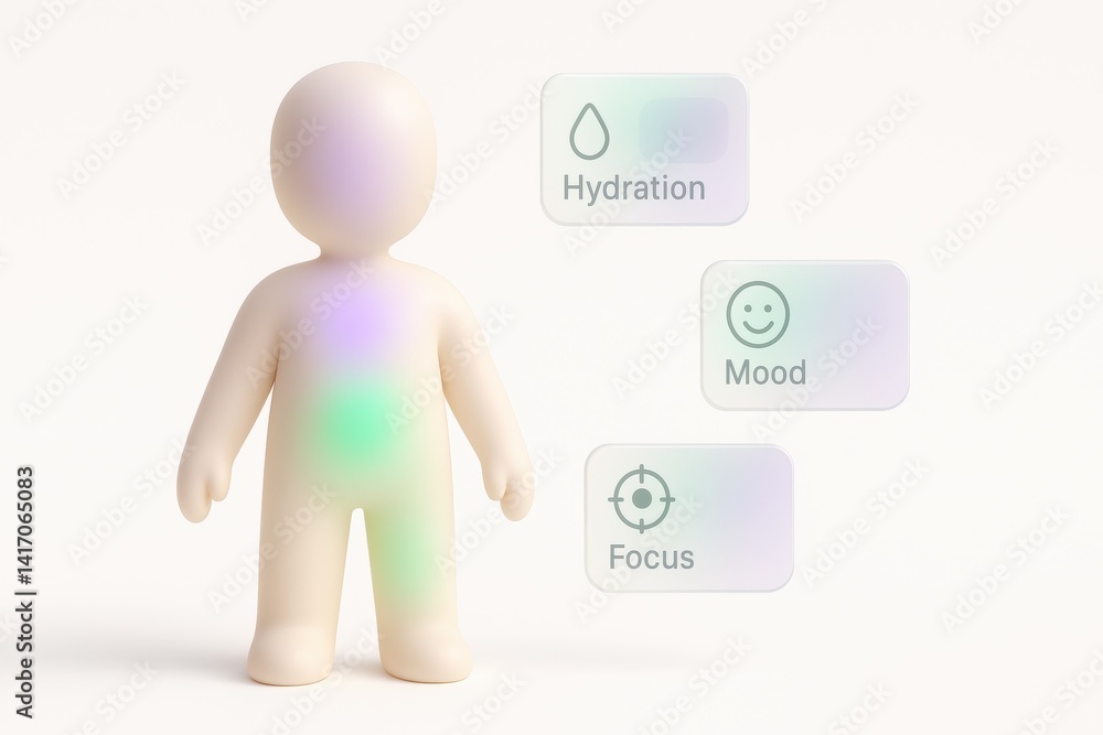 Fototapeta premium Body Focus: A vibrant illustration highlighting the interplay of hydration, mood, and focus within the human body, encouraging wellness and self-care.