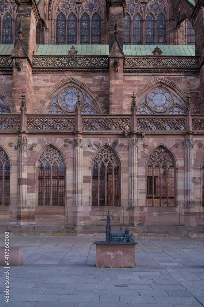 Beautiful architecture of Strasbourg Cathedral in early morning light with intricate stonework and decorative details