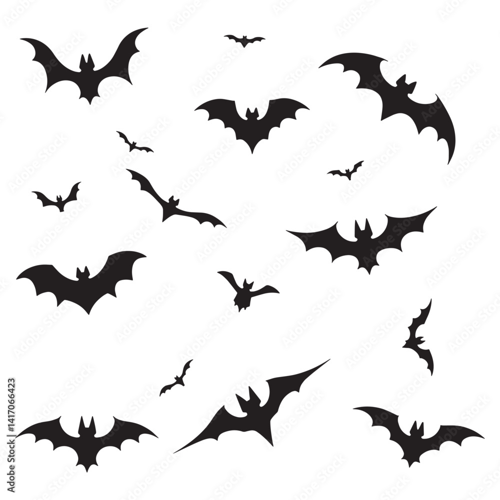 A set of black bat silhouettes with various wing shapes and body forms A set of black bat silhouettes with various wing shapes and body forms