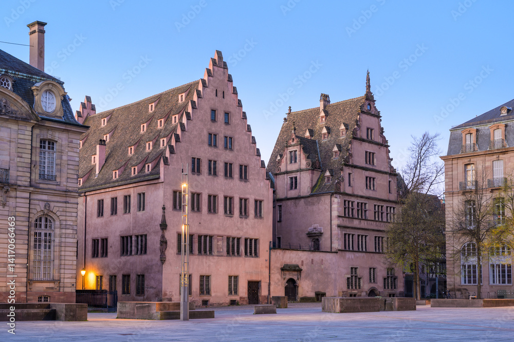 Historic architecture in Strasbourg, Alsace showcasing unique building styles at dusk