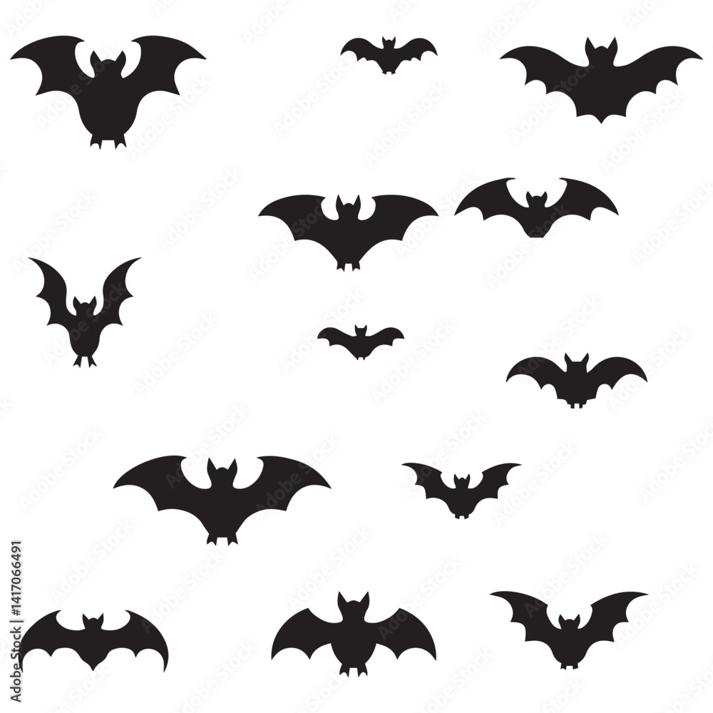 A set of black bat silhouettes with various wing shapes and body forms A set of black bat silhouettes with various wing shapes and body forms