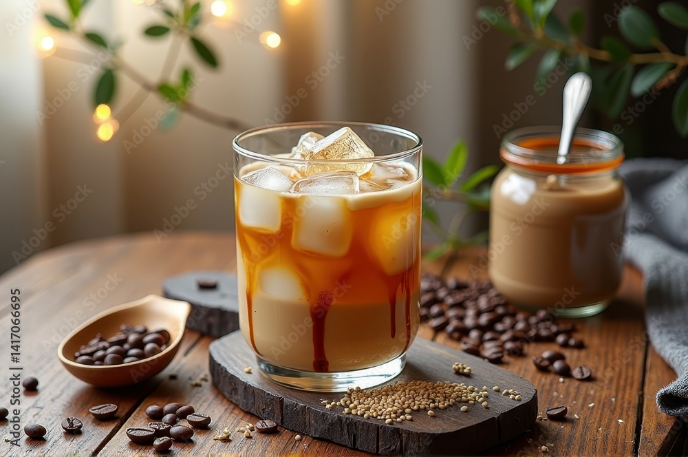 Iced coffee with caramel drizzle and coffee beans on rustic table Iced coffee with caramel drizzle and coffee beans on rustic table