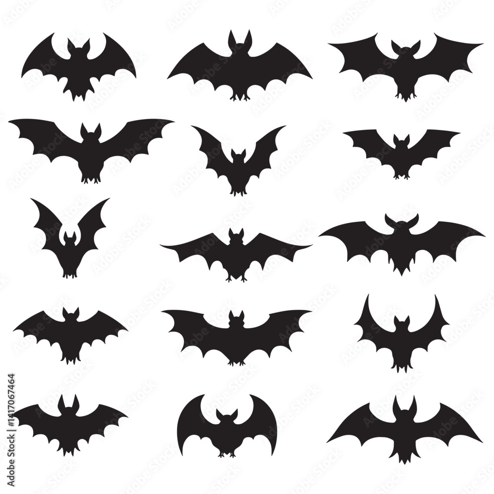 Fototapeta premium A set of black bat silhouettes with various wing shapes and body forms
