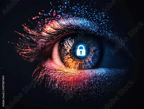 High tech eye with vibrant colors and digital padlock symbol, representing security and data protection. intricate details evoke sense of innovation and modern technology