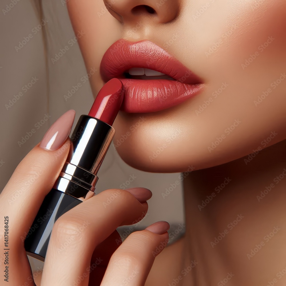 Obraz premium Caucasian Female Model putting on Lipstick - Cosmetic Advertisement of Lip Gloss, Liner, Lipstick, Lip Balm, - Woman Posing with and Applying Lipstick - Gloseup of Beauty Product