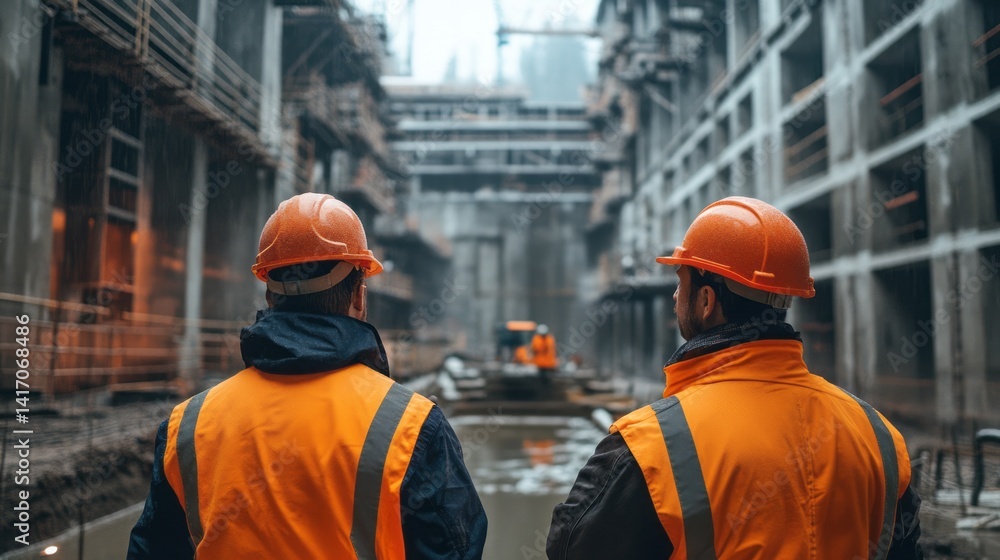 Two construction workers observe project progress at an active site Two construction workers observe project progress at an active site