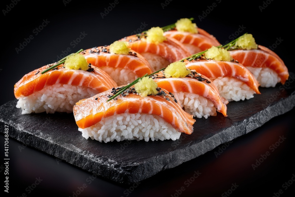 A delectable display of salmon sushi nigiri adorned with delicate garnishes, presented on a sleek black slate, tempting taste buds with its vibrant colors and freshness. A delectable display of salmon sushi nigiri adorned with delicate garnishes, presented on a sleek black slate, tempting taste buds with its vibrant colors and freshness.