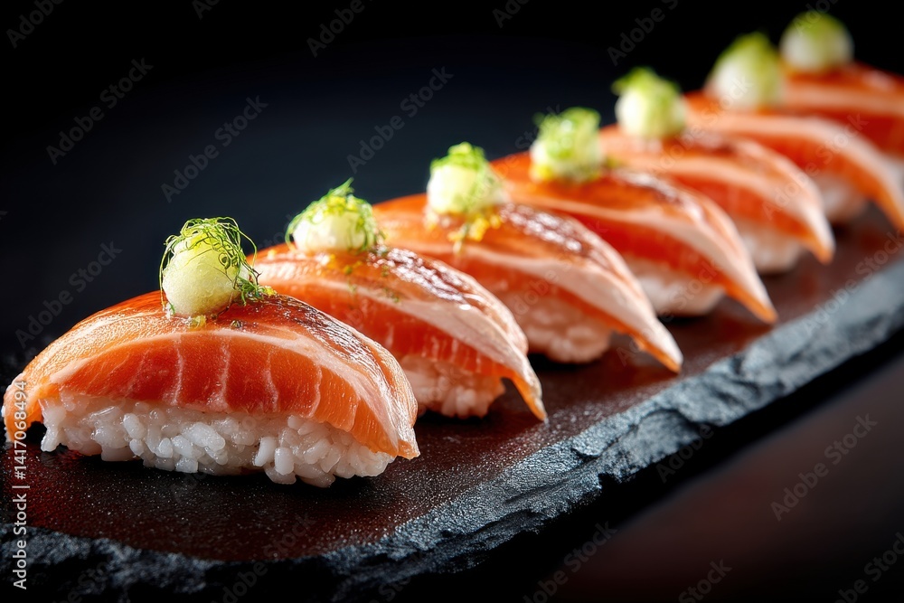 Fresh salmon nigiri sushi, arranged in a row on a black slate platter, creating a visually appealing gourmet Japanese dish perfect for a fine dining experience. Fresh salmon nigiri sushi, arranged in a row on a black slate platter, creating a visually appealing gourmet Japanese dish perfect for a fine dining experience.