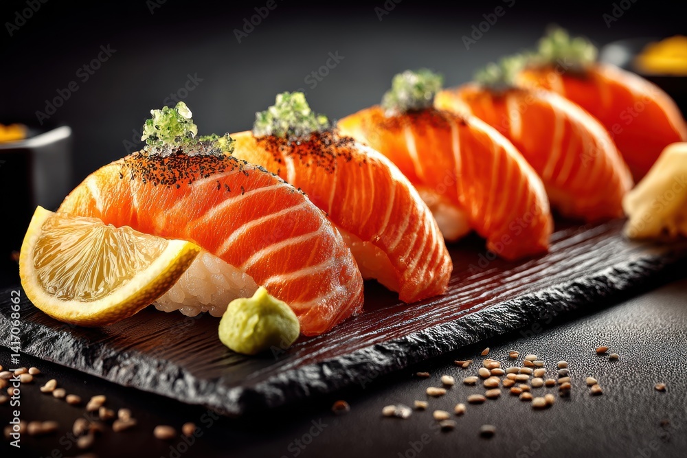 Close-up of a row of delicious-looking salmon sushi, artistically arranged on a black slate plate and garnished with a slice of lemon and wasabi. Close-up of a row of delicious-looking salmon sushi, artistically arranged on a black slate plate and garnished with a slice of lemon and wasabi.