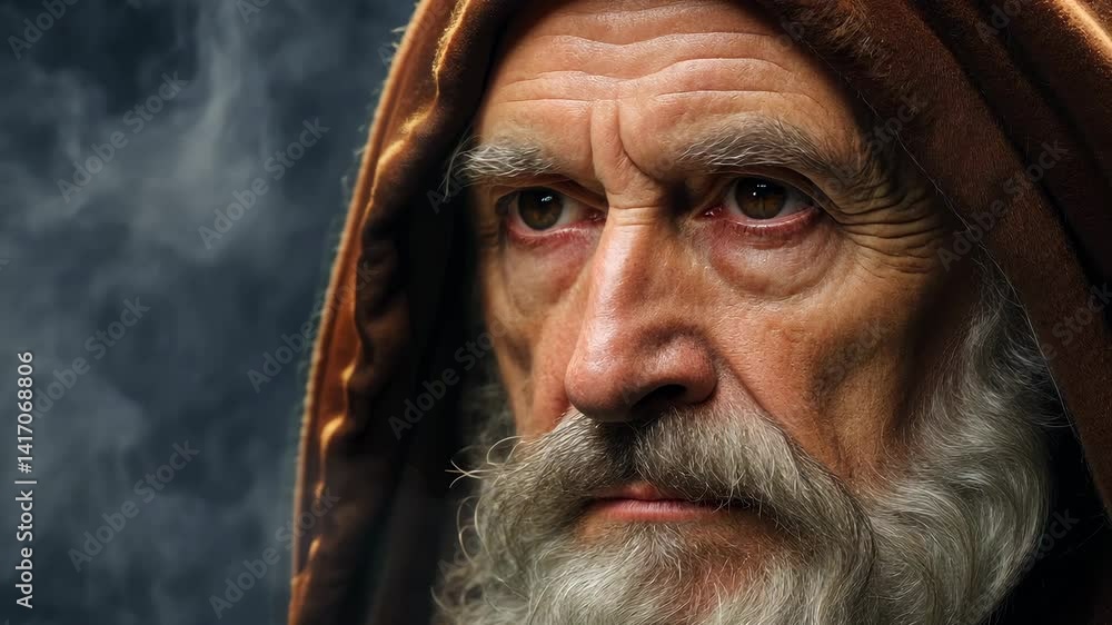 A wise prophet of God with a white beard under a hood 4K A wise prophet of God with a white beard under a hood 4K