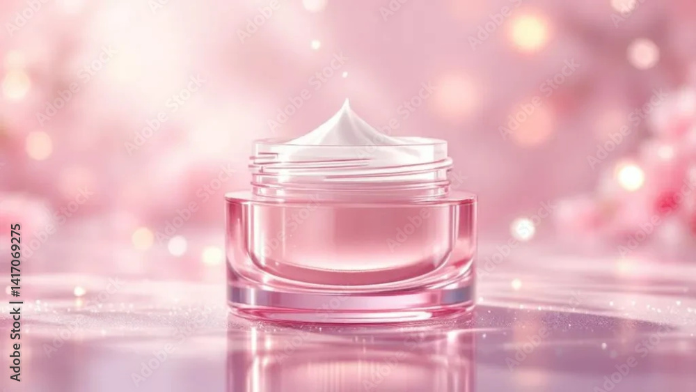 Pink glass jar for face cream. Close up.