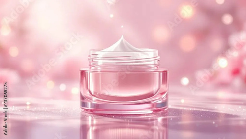 Obraz na płótnie Pink glass jar for face cream. Close up. w salonie