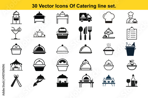 Catering line Editable Icons set. Collection. Vector graphic in contemporary minimal line design featuring food-related icons: serving, meal, dining setup, and more. Symbols and infographic elements.