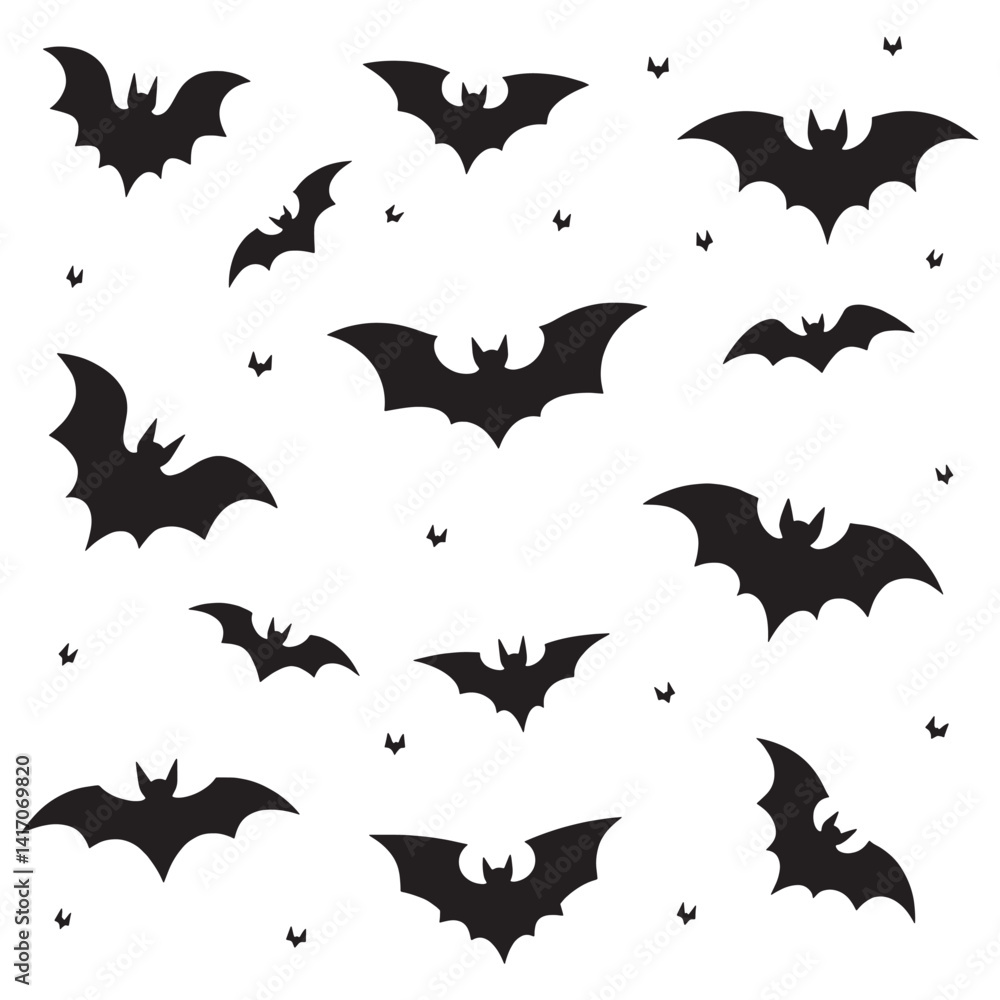 A set of black bat silhouettes with various wing shapes and body forms A set of black bat silhouettes with various wing shapes and body forms