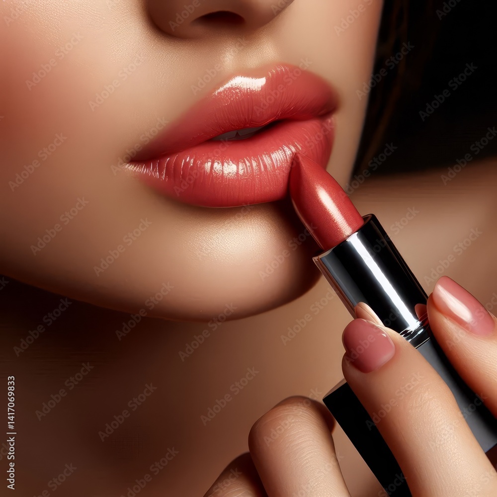 Obraz premium Caucasian Female Model putting on Lipstick - Cosmetic Advertisement of Lip Gloss, Liner, Lipstick, Lip Balm, - Woman Posing with and Applying Lipstick - Gloseup of Beauty Product